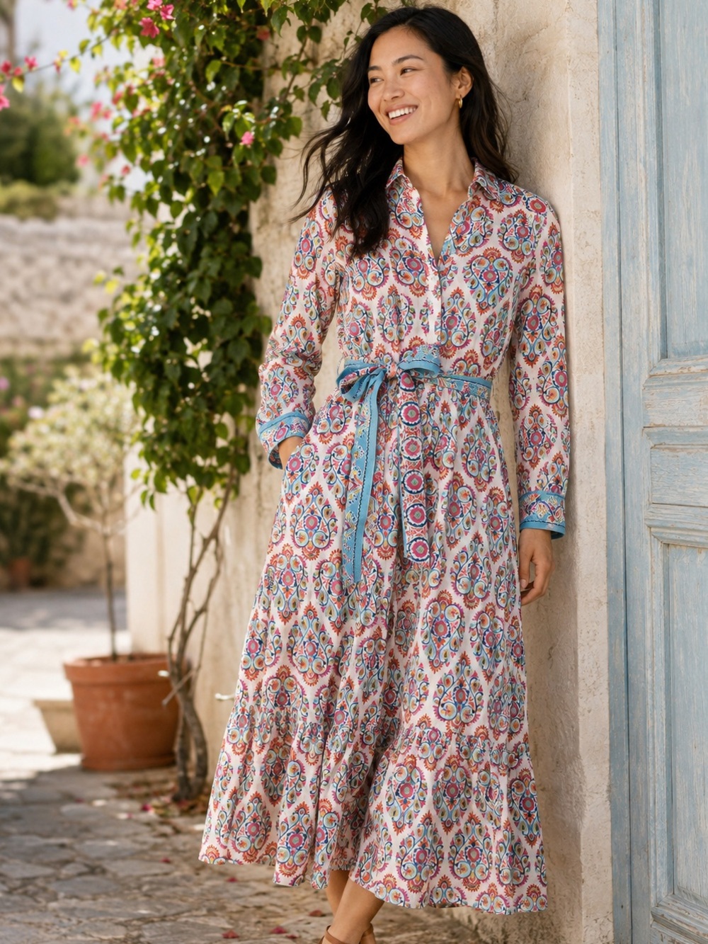 BODEN Flo Cotton Midi Shirt Dress Paisley Floral Belted NWT 10 Regular